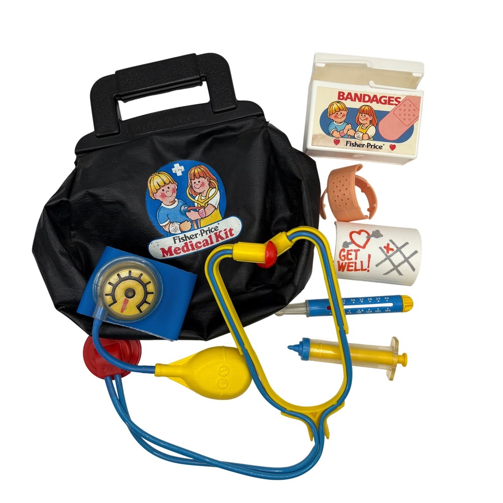 Vtg Fisher-Price Medical Kit 2010 Doctors Bag Stethoscope Toy Set Black Bag